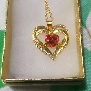 Mothers day necklace with heart and red rose pendant